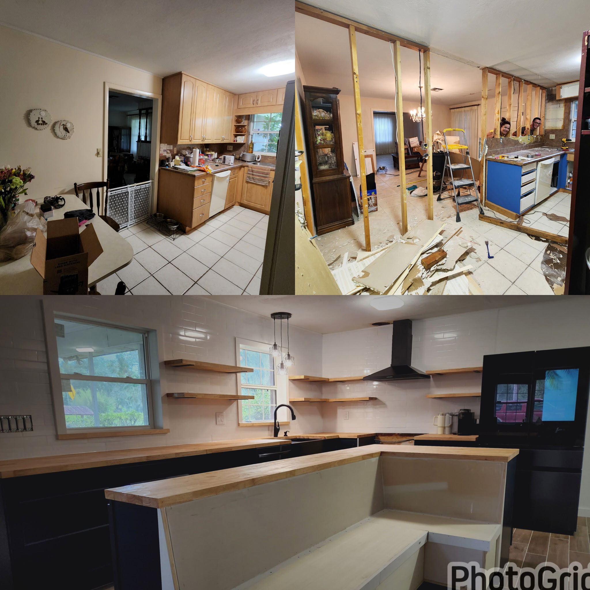 Before and progress collage showing the original Florida kitchen, demolition, and new kitchen installation